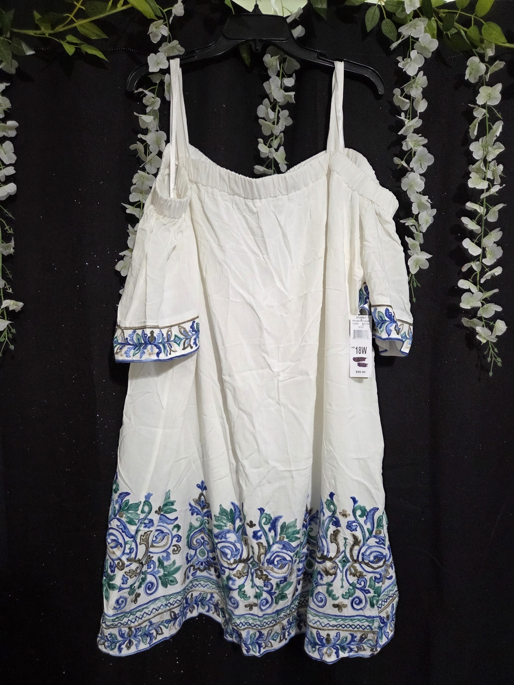 Sandra Darren White Cold-Shoulder Midi Dress with Blue and Green Embroidery